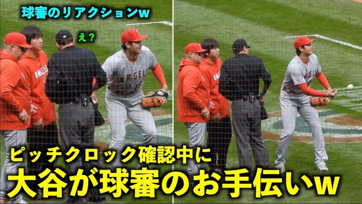Too cute w Shohei Otani helping the referee while checking the pitch clock w[Local video]Angels vs Mariners Round 3 4/6