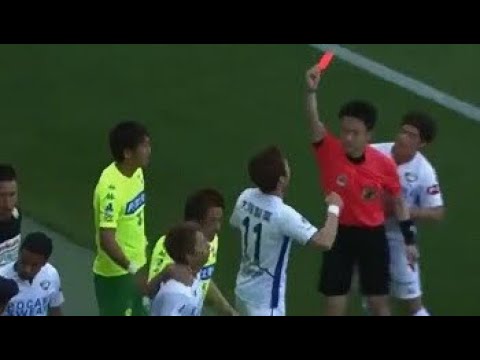 Tokushima DF Mawatari is kicked off by a ball boy and sent off Tokushima DF Mawatari is kicked off by a ball boy and sent off