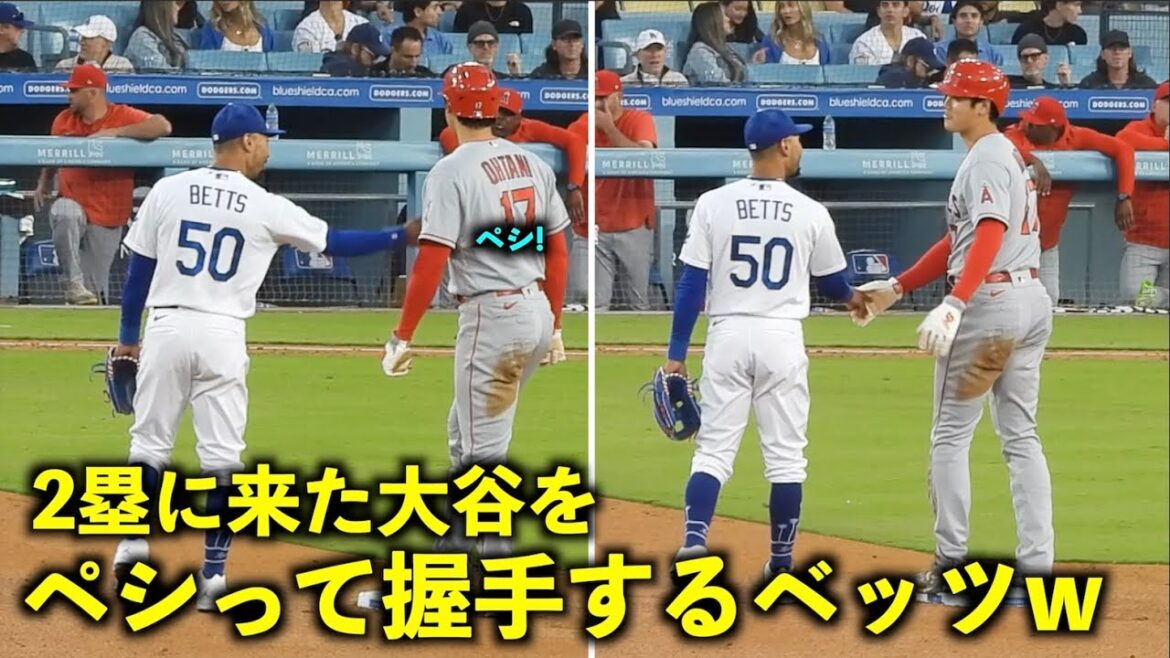 Looks like fun w Betts shakes hands after petting Shohei Otani's stomach![Local video]Angels vs Dodgers Game 1 7/8