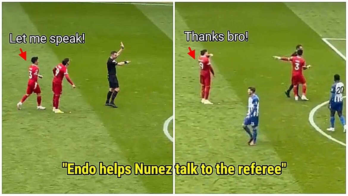 Wataru Endo helps Darwin Nunez talk to the referee 👏🇯🇵🇺🇾