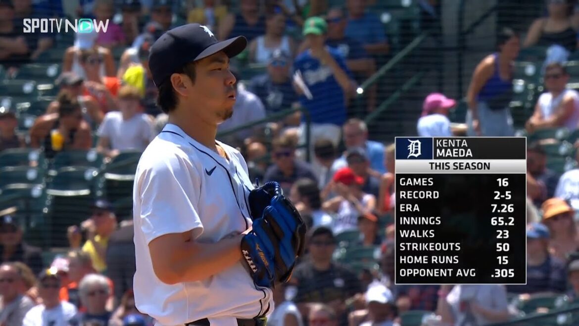 [Tigers' Kenta Maeda makes his first appearance as a relief pitcher!]He holds the Dodgers' batting line to three strikeouts in the fourth inning!