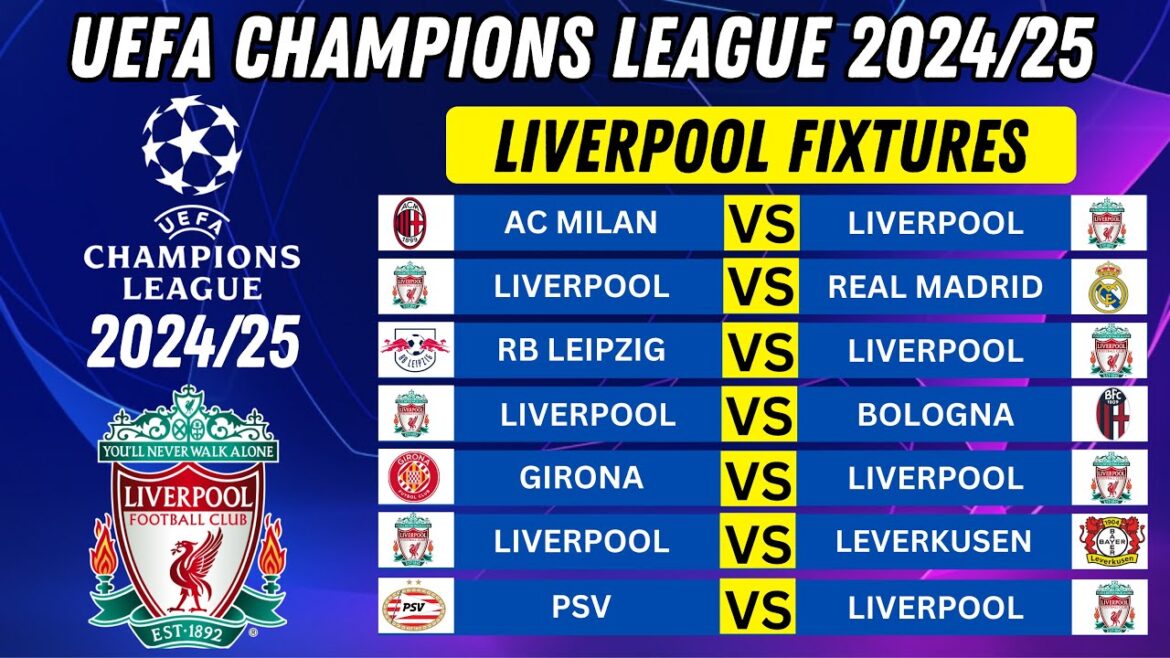 LIVERPOOL CHAMPIONS LEAGUE FIXTURES | UCL FIXTURES TODAY | UEFA CHAMPIONS LEAGUE 2024/25 |