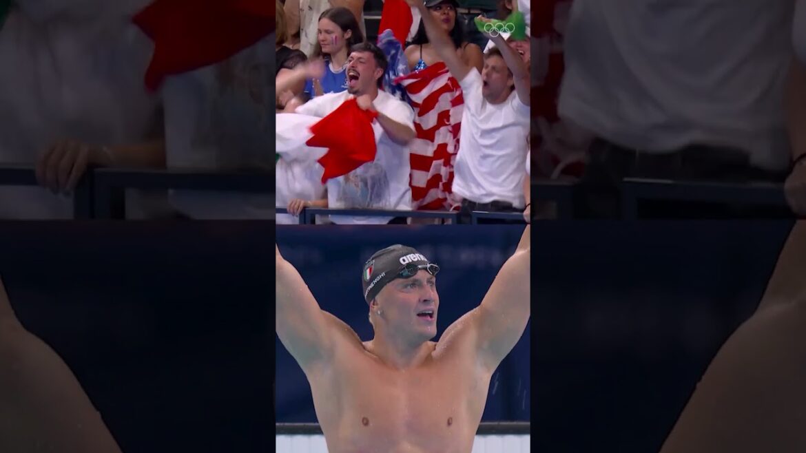 The crowd went absolutely wild as Nicolo Martinenghi took GOLD in the Men’s 100m Breaststroke! 🥇🇮🇹❤️
