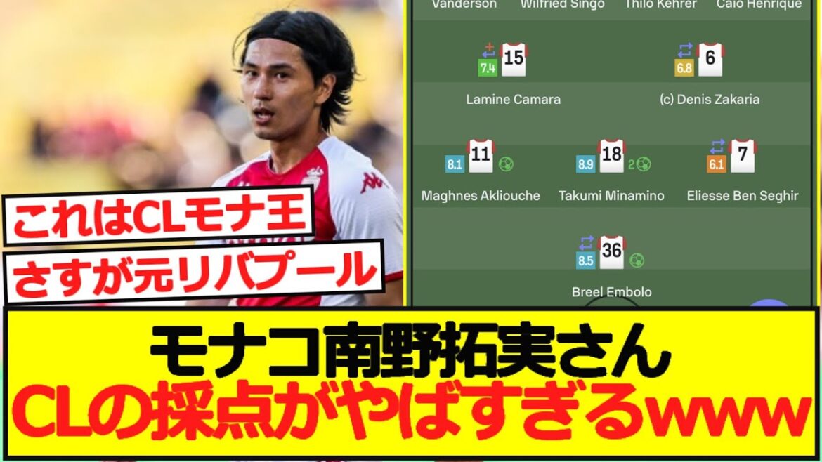 [CL]Monaco Takumi Minamino's score for his wild game in the CL with 2 goals and 1 assist is here!