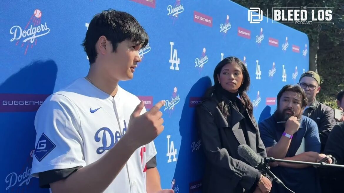 Dodgers' Shohei Otani talks to the media at the Dodgers Fest