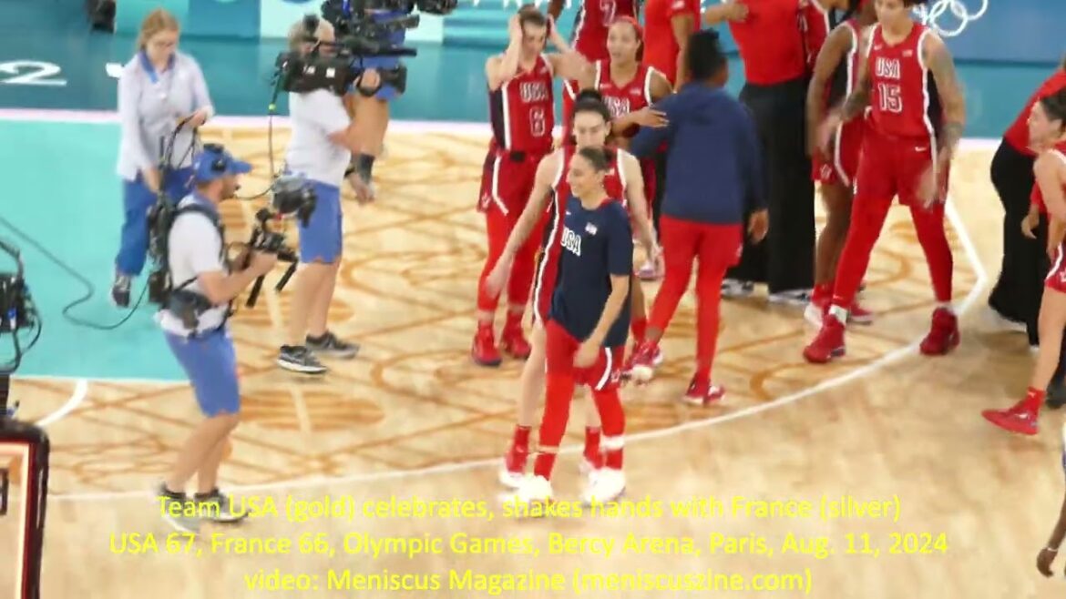 Team USA (gold) celebrates, shakes hands with France (silver), 2024 Olympic Games women’s basketball Team USA (gold) celebrates, shakes hands with France (silver), 2024 Olympic Games women's basketball