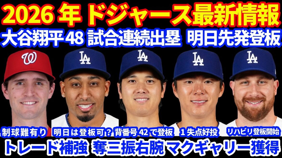 [Trade]2026 Dodgers latest information!! ️ Shohei Otani gets on base in 48 consecutive games with 1 walk and starts pitching tomorrow ⚾️ Right-hander McGarry acquired in trade ⚾️ Yoshinobu Yamamoto pitches 7.2 innings, allowing 1 run 👏 Consecutive wins with victory in pitcher battle 💪