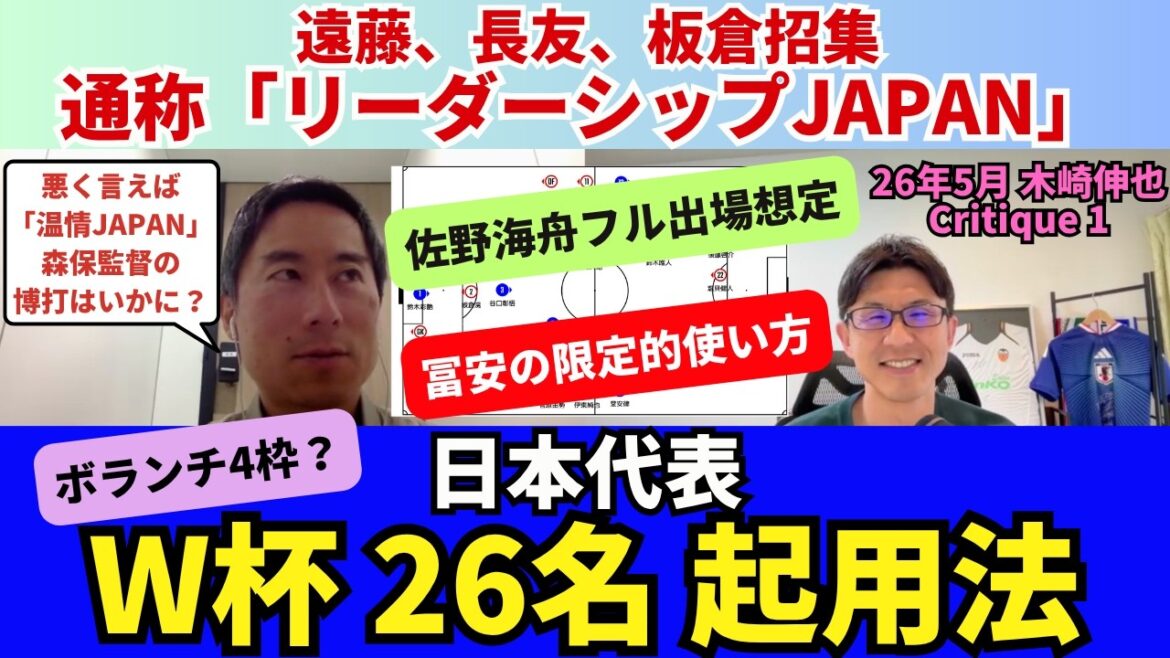 How to use the 26 members of Japan’s national team at the World Cup. There are 4 volunteer positions, with Kaishu Sano likely to participate full time. Endo, Nagatomo, and Itakura convened to form a group commonly known as “Leadership Japan.” Limited use of Tomiyasu. |May 26 Shinya Kizaki Critique 1 How to use the 26 members of Japan's national team at the World Cup. There are 4 volunteer positions, with Kaishu Sano likely to participate full time. Endo, Nagatomo, and Itakura convened to form a group commonly known as "Leadership Japan." Limited use of Tomiyasu. |May 26 Shinya Kizaki Critique 1