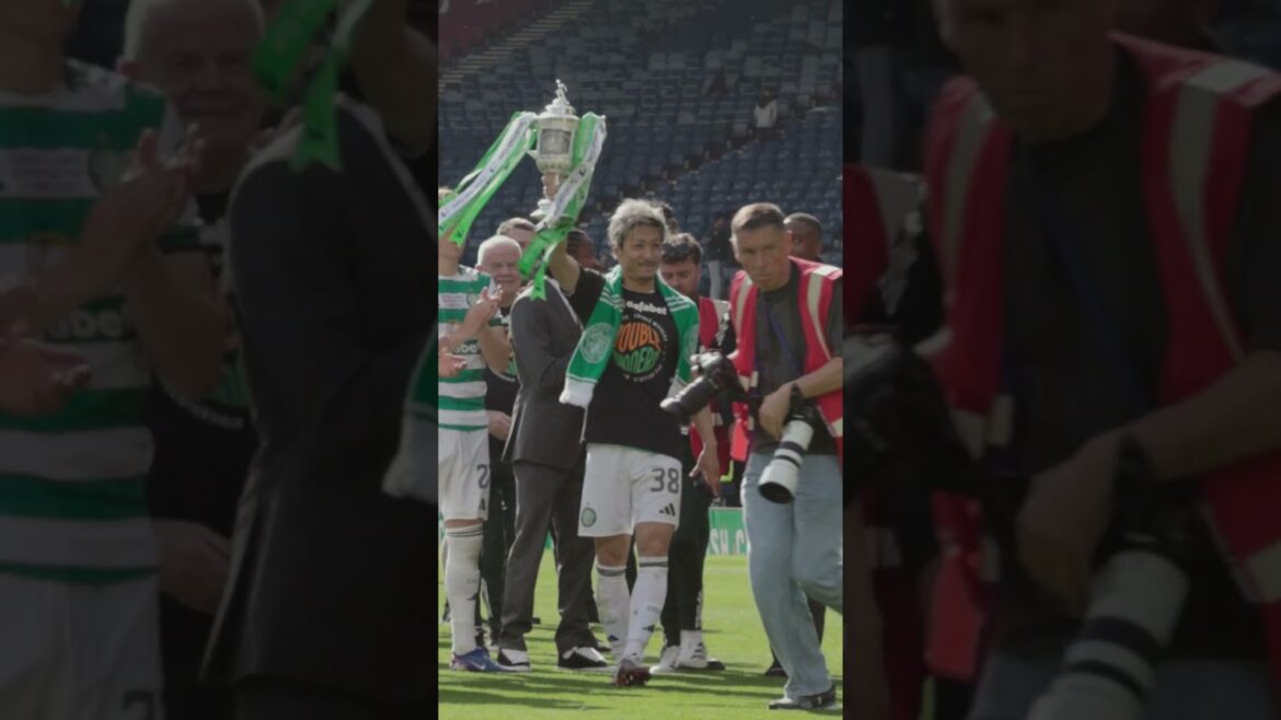 Daizen Maeda celebrates winning the Scottish Cup with Celtic Daizen Maeda celebrates winning the Scottish Cup with Celtic
