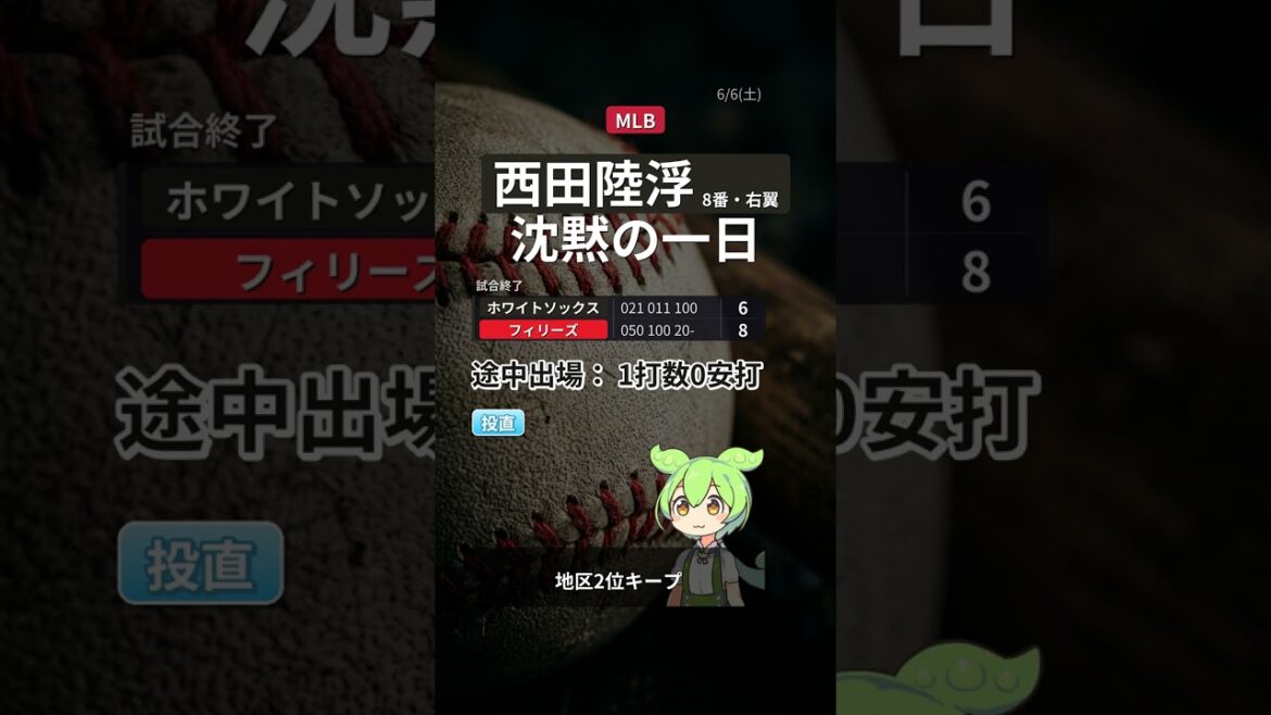 [Results Report]Rikufu Nishida | Substitute: 1 at bat, 0 hits | A silent day | White Sox 6-8 Phillies [6/6(土)]