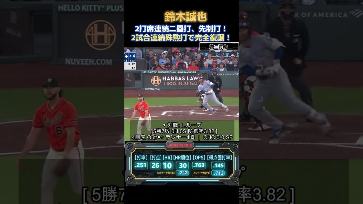 [6/13]Seiya Suzuki hits first with a double in two consecutive at-bats! Signs of recovery with outstanding hits in 2 consecutive games[games against Giants]
